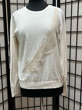 Women's Cream Crewneck Sweater by BASS with Feather Accent WOMEN SIZE L